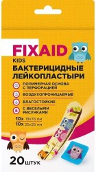 Лейкопластырь бактерицидный, Fixaid (Фиксэйд) 20 шт Кидс полимерный набор (10 шт 19х76 мм + 10 шт 25х25 мм)